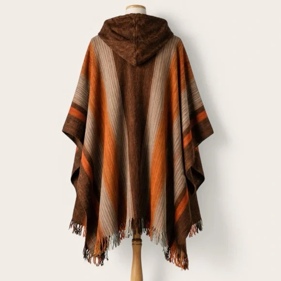Alpaca Blend Hooded Poncho Ecuador Brown Stripe Fringe Boho Ruana OS - Picture 3 of 7